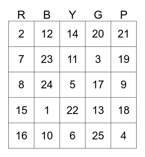 Colour Bingo Roulette Bingo Card.